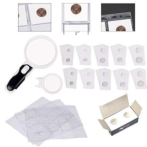 Coin Collector [Focus Pack] - Spotlight Magnifying Glass (1) + PVC Pages w/ 20 Slots Each (3) + Cardboard Inserts (50) (Assorted Sizes of most common sized coins) - Make collecting easy!
