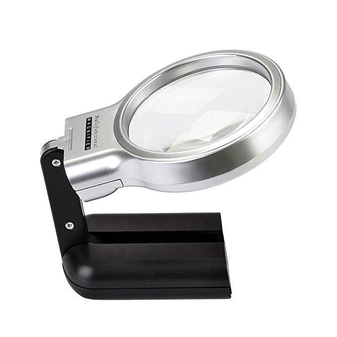 CONBEE Folding Magnifying Glass / Illuminated Collapsible Magnifier with LED Light / Handheld or Hands Free, 3X Magnification Lenses for Reading, Sewing, Craft & Hobby / Black
