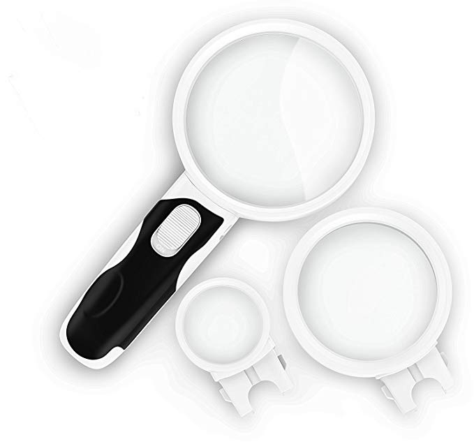 JUSTUP Illuminated LED Handheld Magnifying Glass Set,2.5X 5X 16X More Powerful Than 10X, Best Magnifying Glass For Seniors, Low Vision Aid For Reading, Jewelery Loupe (2.5X 5X 16X)