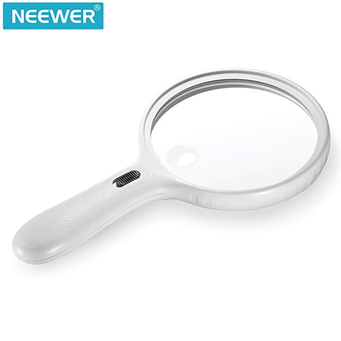 Neewer 3 LED light 1.8 X 5X Handheld Magnifier, Ergonomic Handle Design Magnifying Glass, Great for Senior Reading, Hobby, Crafts, Computer Repair and Jewelry Loupe(White)