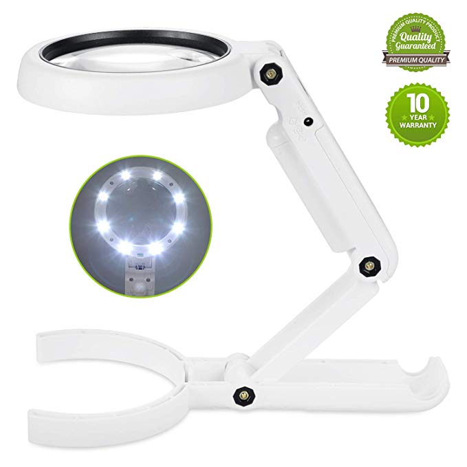 LED Collapsible Magnifying Glass with 8 lamp Beads, (10X + 5X) Magnification Lens, Two Lighting Modes, Best Handheld Size, LED Magnifier for The Elderly and Children (White)