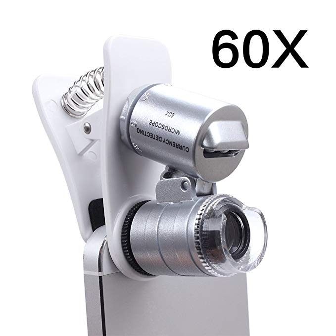 Ewinever 60X Zoom LED Clip-On type Loupe Microscope Jewelry Magnifier Jewelry Loupe Magnifier Micro Lens for Universal Mobile Phones Pocket Size