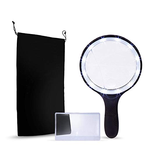 BEST Large (5.5 INCH) Magnifier Set with Magnifying Glass with 12 LED Lights, Credit Card Size Magnifier and Storage Bag- Best Handheld Portable Magnification 1.8x, 5x