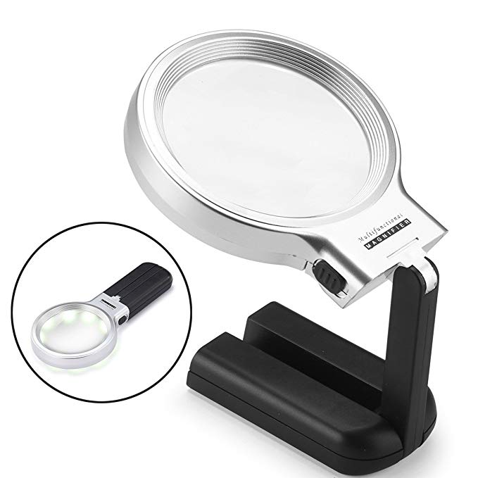 Dicfeos LED Lighted Hands Free Magnifying Glass with Light Stand 3X 4.5X Large Handheld Illuminated Magnifier for Reading, Inspection, Soldering, Needlework, Repair, Hobby & Crafts