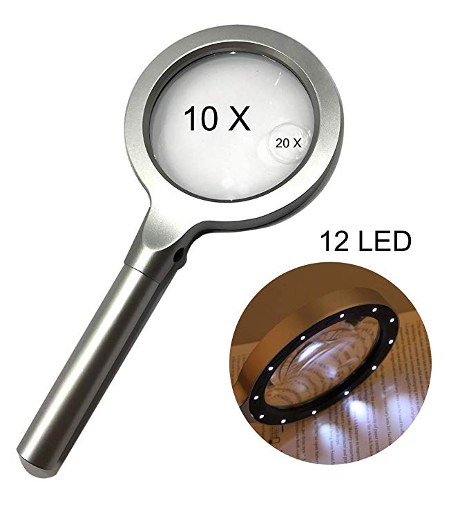 Large LED Handheld Magnifying Glass,10 X 20X Full Metal Lighted Magnifier - Best Size Illuminated Reading Magnifier for Reading,Inspection,Hobbies and Macular Degeneration
