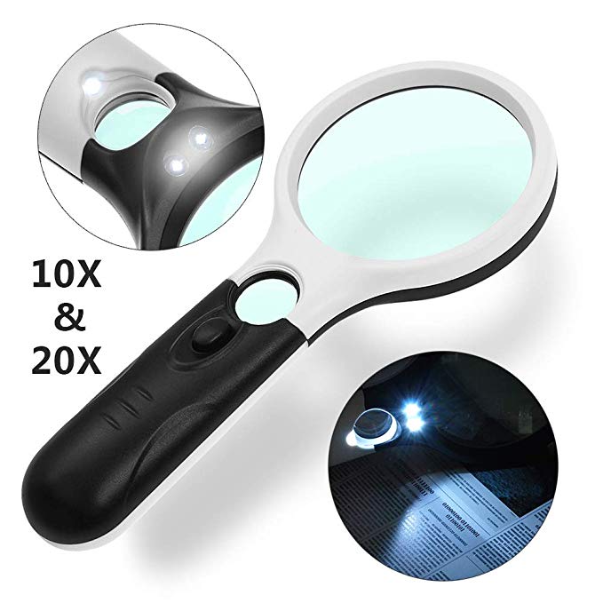 LED Magnifying Glass,Gemwon 20X + 10X Illuminated 2 Lens Set Mini Handheld Pocket Best Magnifier with Lights for Seniors Reading,Map,Jewelry,Crafts,Office,Stamps,Inspection,Macular Degeneration,Hobby,