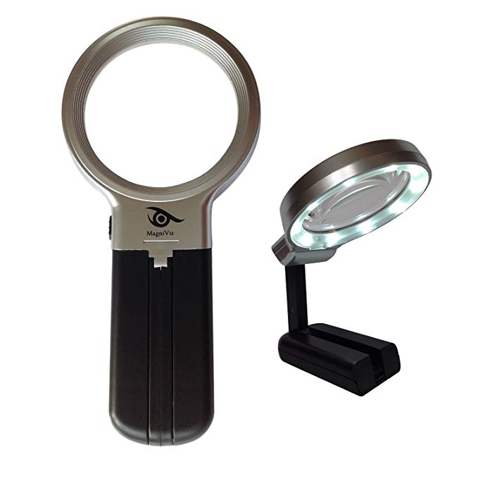 MagniViz - Folding Magnifying Glass For Readers - Large Lens Has 3x Zoom With 4.5x Power Spot - Includes 10 LED Lights, Stand and Cleaning Cloth Pouch - Go Handheld Or Hands Free