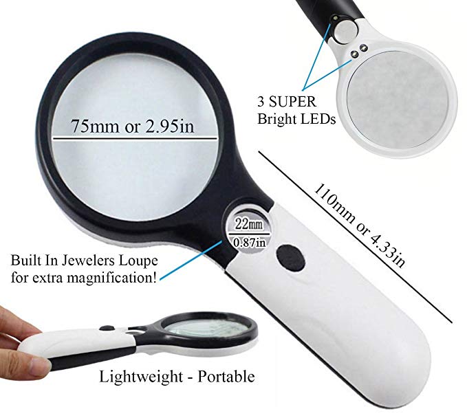 BEST Magnifying Glass with 3 LED Light, Handheld Portable Magnification 3x, 45x BONUS Microfiber Carry Bag by Illumizoom