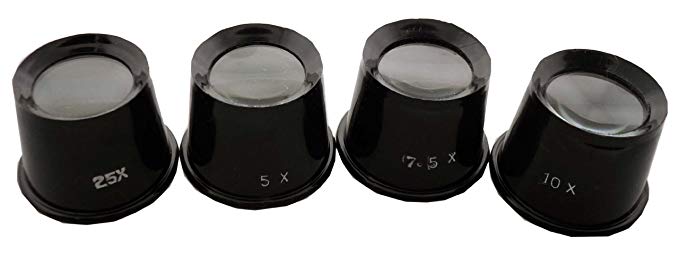 ToolUSA 4 Piece Black Plastic Jeweler's Eye Loupes With 2.5x, 5x, 7.5x, And 10x Power: MG-18411