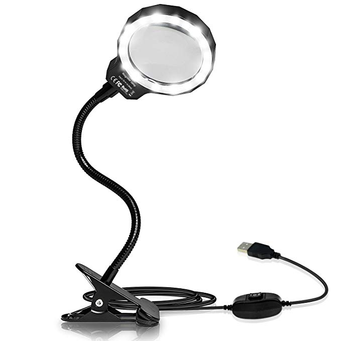 Number-One Magnifying Glass, 3X LED Lighted Magnifying Lamp USB Powered Clip On Optical Glass Magnifier Lens with 2 Light Settings & Metal Clamp for Reading, Hobby, Soldering, Crafts