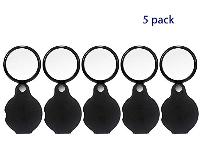 SBYURE 5 Pack 10X, 50 MM (1.9 inch) Diameter Mini Pocket Magnifying Glass with Rotating Protective Holster Leather Pouch for Reading,Science Class Hobby,Black