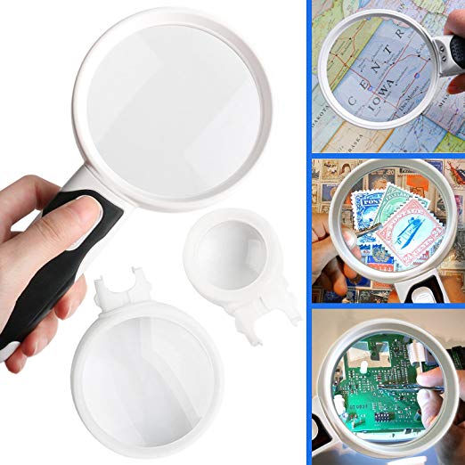 Magnifying Glass with Light LED Magnifier With 3 Detachable Illuminated Lenses 2.5 X 5X 16X - Ideal For Seniors & Kids