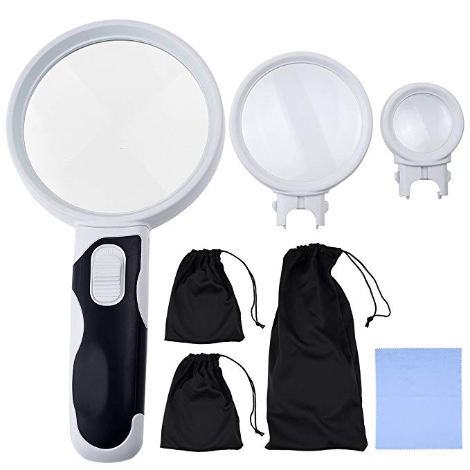 KARE AND KIND Interchangeable Illuminated Dual Power LED Handheld Magnifying Glass Set - 2.5X, 5X, and 16X - Magnifier for Senior Reading, Crafts, Computer Repair and Jewelry Loupe(16x 5x 2.5x)