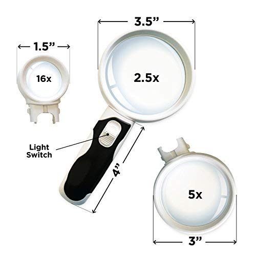 see big / Handheld Magnifying Glass Set with 2 LED Lights for reading / magnifier / Replaceable 3 Lenses 2.5X 5X and 16X