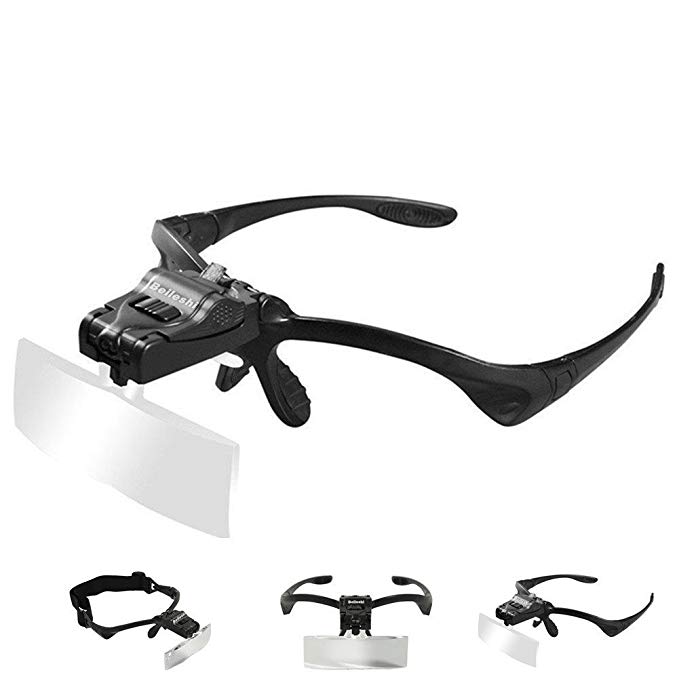 Beileshi Headhand Magnifier Glasses With 2 LED Professional Jeweler's Loupe Light Bracket and Headband are Interchangeable 5Lens Glass Magnifying Visor