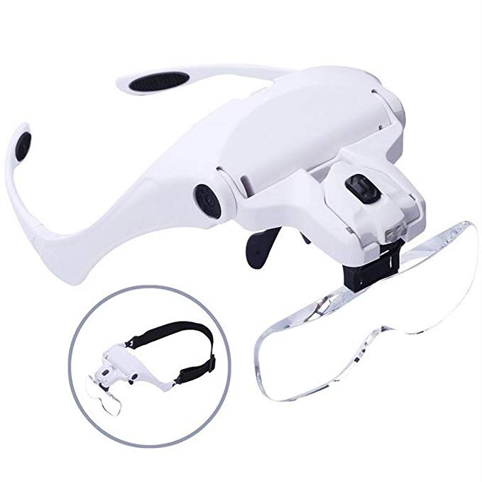 Headband Magnifier With LED Light, Handsfree Reading Head Mount Magnifier Magnifying Glasses Light Bracket 5 Replaceable Lenses for Close Work, Jewelry Loupe, Watch Repair 1.0X, 1.5X, 2.0X, 2.5X, 3.5X