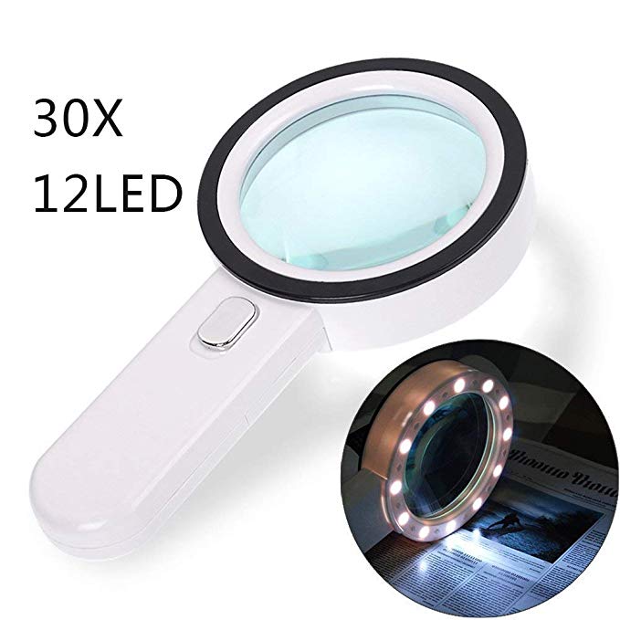 30X Magnifying Glass Light,Gemwon Illuminated High Power Handheld 12 LED Lights Magnifier for Seniors Reading,Crafts,Office,Stamps,Map,Jewelry,Inspection,Macular Degeneration,Mechanical