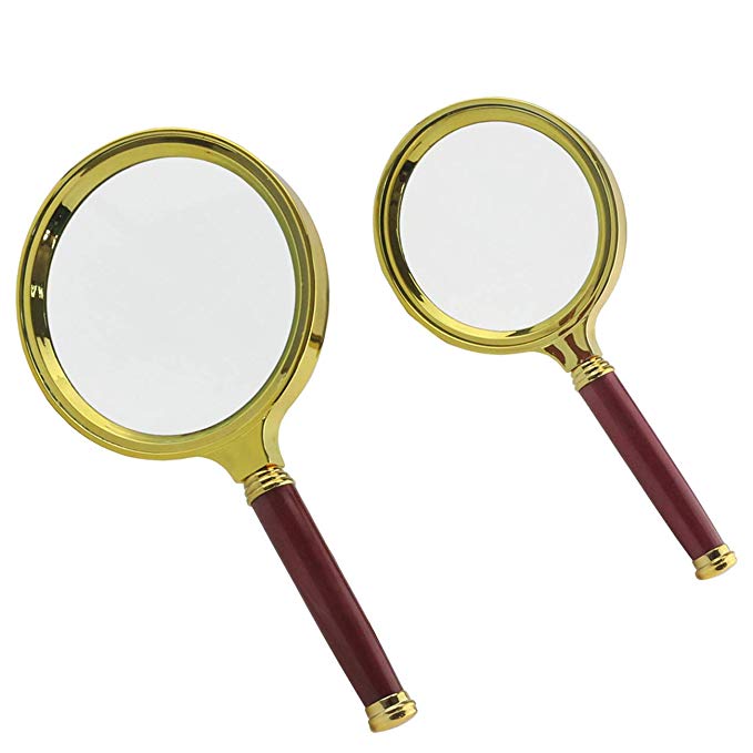 Ogrmar 2pcs 80mm/90mm 10X Antique Mahogany Handle Magnifier Reading Magnifying Glass for Reading Book/Inspect Coins/Insects/ Rocks/Map/ Crossword Puzzle (Red)