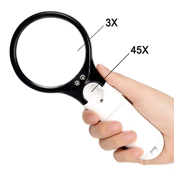 FOCUSAIRY Magnifier, Magnifying Glass Lens Loupe, 3X & 45X, 3 LED Lights Handheld Super High Clarity for Seniors, Maps, Reading, Jewelry Making, Watch / Computer Repair / Valentine Gift