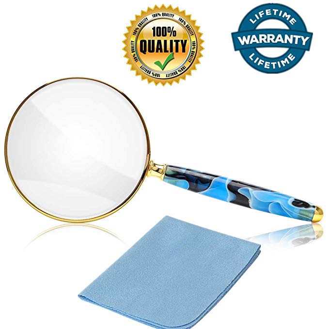 5X Handheld Magnifier,Metal Frame Real Glass Magnifying Glass for Reading Book, Map,Inspection, Coins, Insects, Small Prints,Classroom Science Senior Kids Chirldren