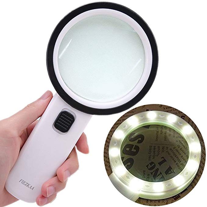 fiezkaa 30X High Power Magnifying Glass Light - 12 Pcs Bright Led, Double Real Glass Lens, Large Size Handheld Illuminated Magnifier Glass Reading, Coin, Stamps, Great Macular Degeneration