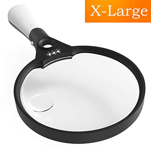 Magnifying Glass, UNIMI Magnifier 5.5 Inch Extra Large Magnifying Glass with Light, 3 Bright LED Illuminated 2X Magnifier Lens 4X 25X Zoom Lightweight Hand Held Magnifiers Lens for Reading - Black