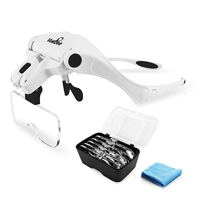 Vuezee LED Head Magnifier 1X - 3.5X Magnifying Visor Hands Free Lighted Headband with 5 Detachable Lenses