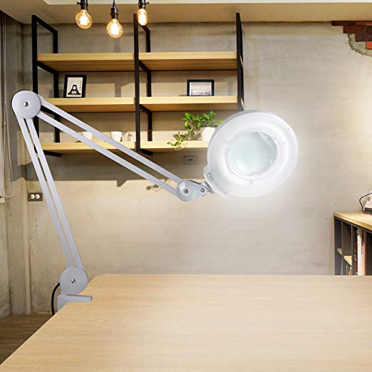 SUPER DEAL PRO LED Daylight Desk Table Magnifying Clamp Lamp - 5X Magnifier - Adjustable Swivel & Swing Arm For Task Craft or Workbench