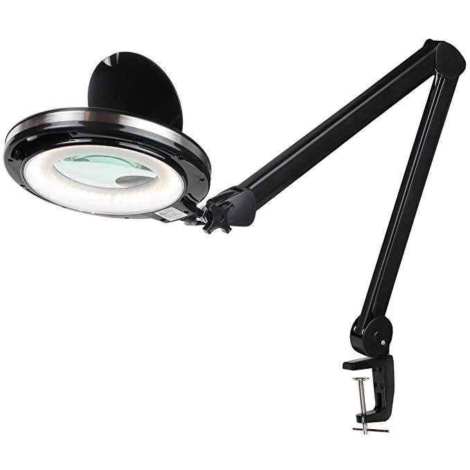 Brightech LightView PRO LED Magnifying Clamp Lamp - Daylight Bright Magnifier Lighted Lens – Dimmable with Adjustable Color Temperature Utility Light for Desk Table Task Craft or Workbench –black