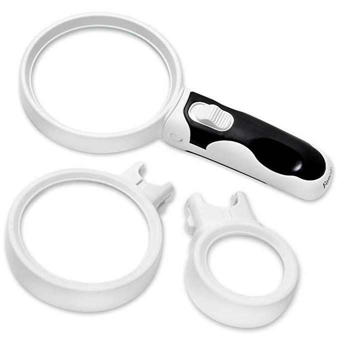 Fancii Illuminated LED Handheld Magnifying Glass Set - 2X 3.5X and 10X High Magnification Power – Best Lighted Magnifier for Seniors Reading, Hobby, Crafts, Computer Repair and Jewelry Loupe