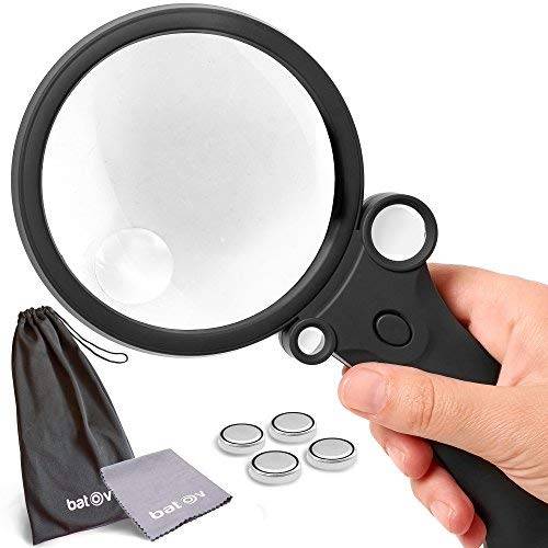 batov 4in1 Collectors Magnifier With Light. 4 Built-in Lighted Magnifying Glass 2.5 x 4.5x 25 x 55x. Professional Handheld 3.5 inch (90mm). Best For Reading, Coin, Stamp and Rock Collecting.