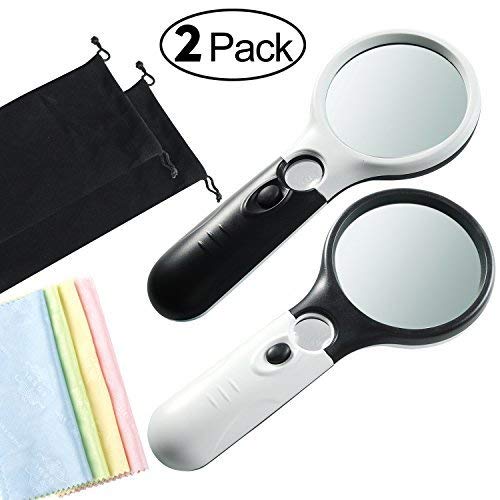 Magnifier 3 LED Light 3 X 45X Handheld Reading Magnifying Glass Lens Jewelry Loupe (2 Pack, Black + White)